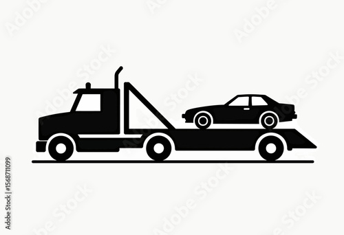 A clear black silhouette icon of a flatbed tow truck transporting a sedan, a simple vector symbol for roadside assistance, vehicle recovery, or automotive services.
