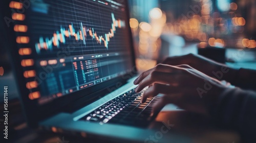 Close-up view of hands typing on a laptop displaying financial data.