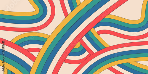 Collection of 70s poster, banner, cover, card. background . Set of retro wall decoration, groovy, trippy, colorful line. Vintage hippie wall art for interior, decorative, dots flayer simple and trendy