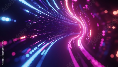 Abstract glowing neon tunnel with pink and blue light streaks.