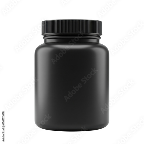 Black matte plastic supplement jar or protein powder container isolated on a transparent background, png, cutout
