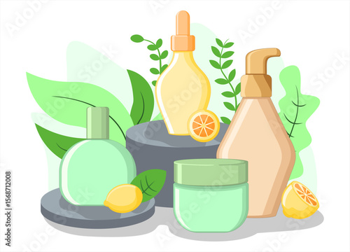 Cosmetic Product Mockup with Natural Elements, Natural Skincare Product Vector with Citrus and Leaves – Perfect for Social Media, Branding, and Product Packaging