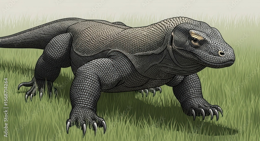 Obraz premium Illustration of a large reptile walking through a grassy field