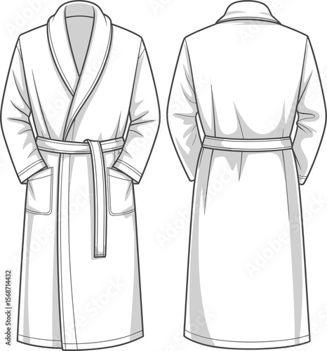 Comfortable White Unisex Terry Cloth Bathrobe Flat Sketch CAD Drawing Vector Illustration for Spa, Home, and Hotel Lounging