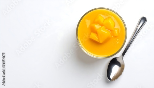 Glass of mango pudding viewed from top with glossy surface and spoon mark