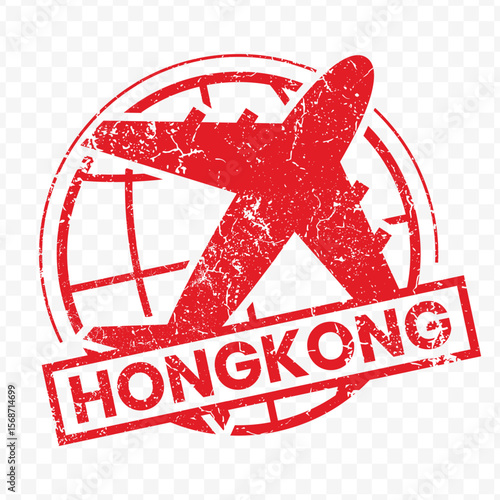 Red aviation stamp of the country of Hongkon. Vector illustration with grunge effect on transparent background