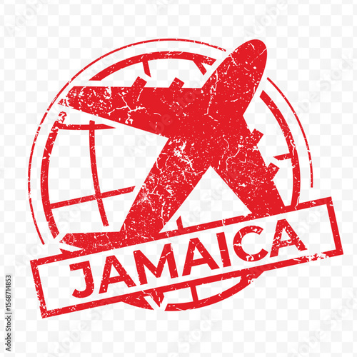 Red aviation stamp of the country of Jamaica. Vector illustration with grunge effect on transparent background