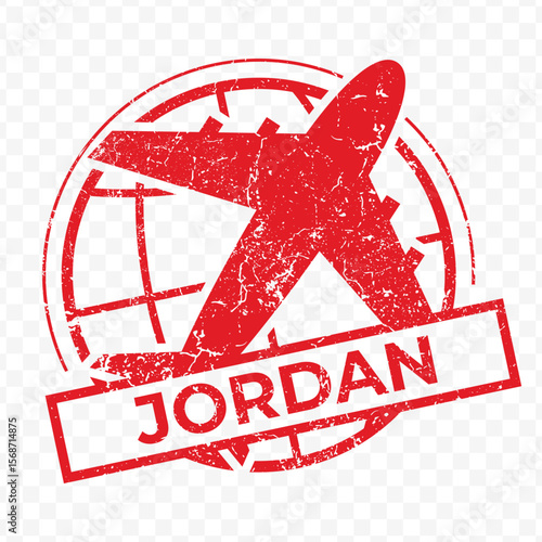 Red aviation stamp of the country of Jordan. Vector illustration with grunge effect on transparent background