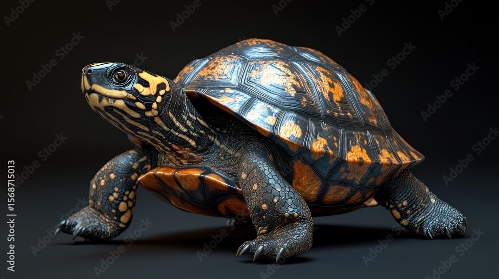 Obraz premium 3D Rendered Turtle; Detailed Shell Pattern; Dark Background; Stock Photo
