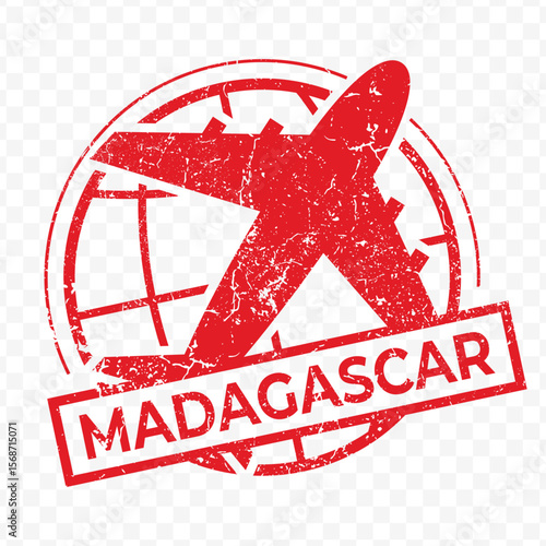Red aviation stamp of the country of Madagascar. Vector illustration with grunge effect on transparent background