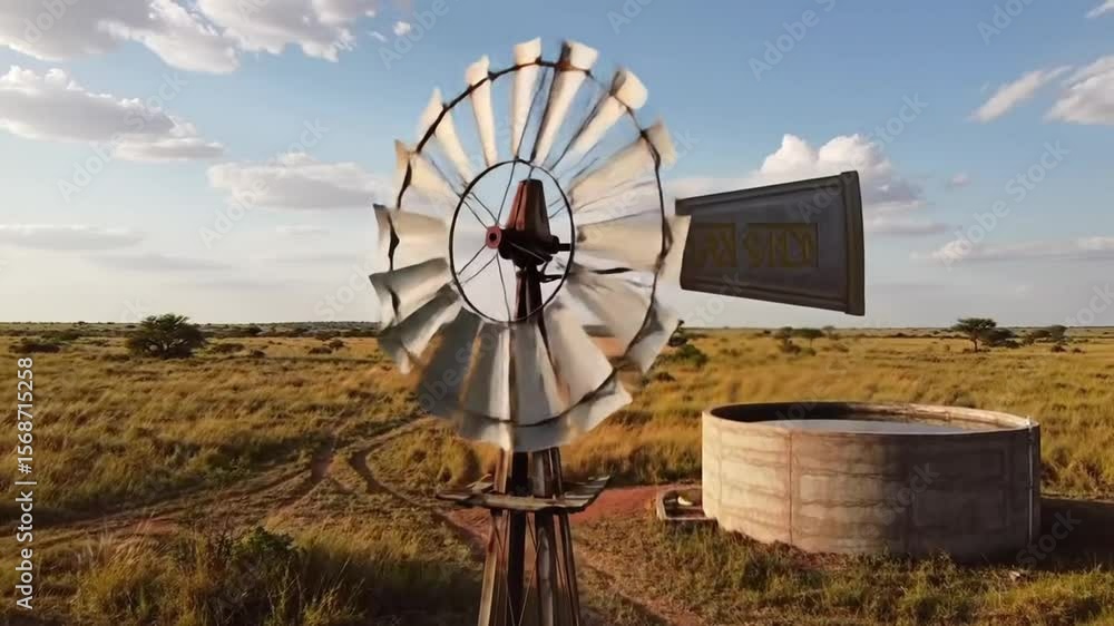 A lone windmill stands tall on the vast African savannah, pumping water from the earth. Ideal for themes of sustainability, nature, and rural landscapes in Africa. A lone windmill stands tall on the vast African savannah, pumping water from the earth. Ideal for themes of sustainability, nature, and rural landscapes in Africa.