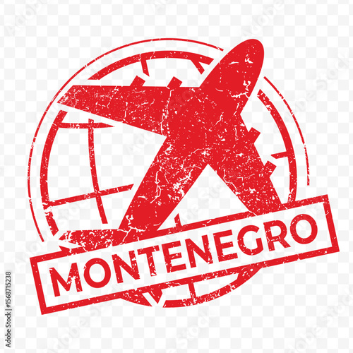 Red aviation stamp of the country of Montenegro. Vector illustration with grunge effect on transparent background