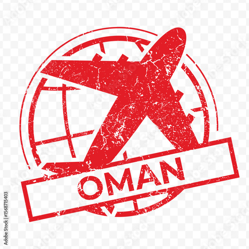 Red aviation stamp of the country of Oman. Vector illustration with grunge effect on transparent background