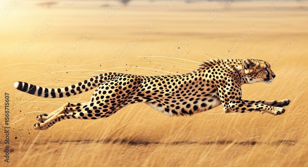 Fototapeta premium Cheetah running fast across African savannah, wild animal pursuit