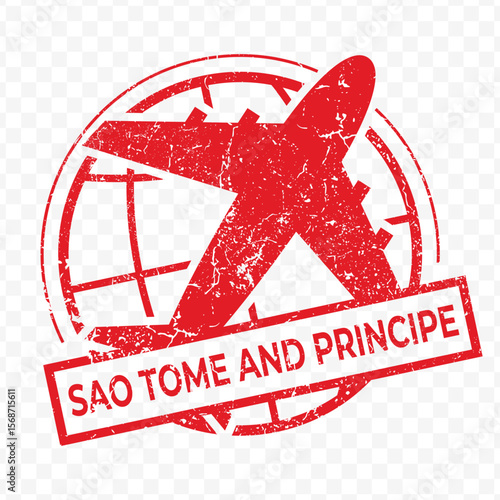 Red aviation stamp of the country of Sao Tome and Principe. Vector illustration with grunge effect on transparent background