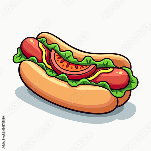 A delicious cartoon illustration of a classic American hot dog loaded with lettuce, tomato, and mustard, a vibrant graphic icon for fast food menus or events.
