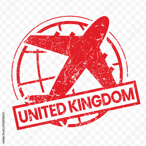 Red aviation stamp of the country of United Kingdom. Vector illustration with grunge effect on transparent background