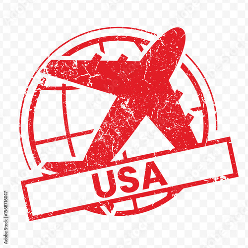 Red aviation stamp of the country of United States of America. Vector illustration with grunge effect on transparent background