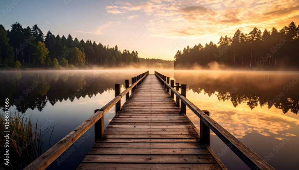Fototapeta premium A serene wooden pier stretches over a tranquil lake at sunrise, surrounded by lush trees and morning mist.