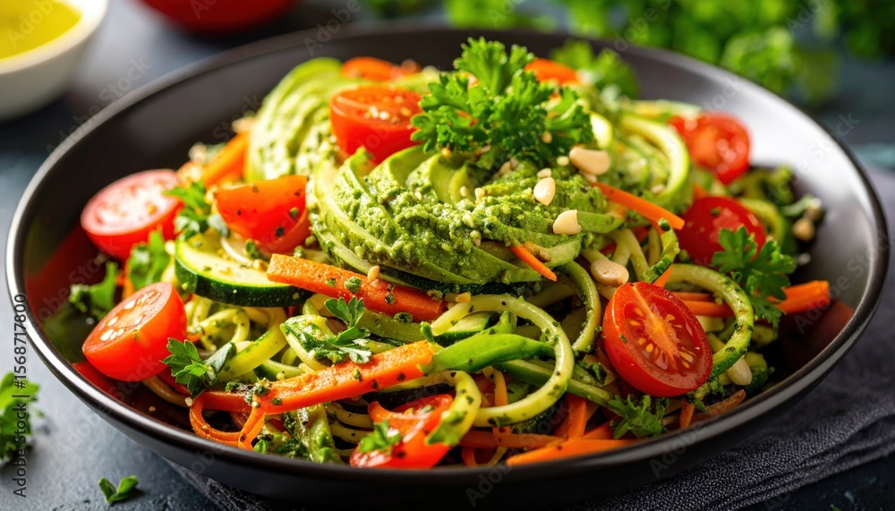 A vibrant and fresh salad featuring zucchini noodles, cherry tomatoes, carrots, and a creamy avocado dressing. A vibrant and fresh salad featuring zucchini noodles, cherry tomatoes, carrots, and a creamy avocado dressing.