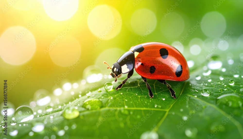 A vibrant ladybug explores a dew-kissed green leaf under sunlight, capturing the essence of nature's beauty and tranquility. A vibrant ladybug explores a dew-kissed green leaf under sunlight, capturing the essence of nature's beauty and tranquility.