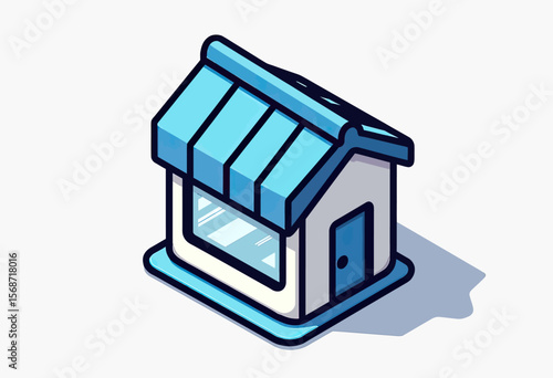 A clean, modern isometric icon of a small shop with a blue awning, a versatile vector illustration for an e-commerce website, mobile app, or local business logo.
