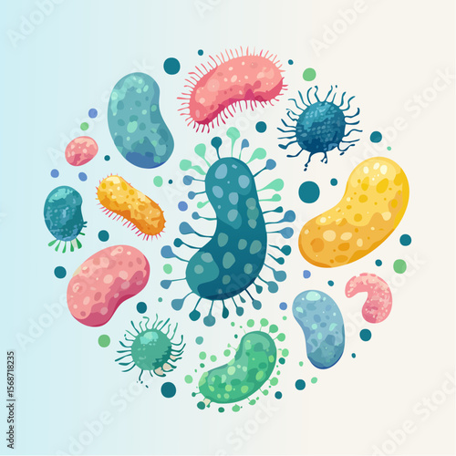 Colorful Illustration of Diverse Microorganism Collection Bacteria, Viruses, and Microbes