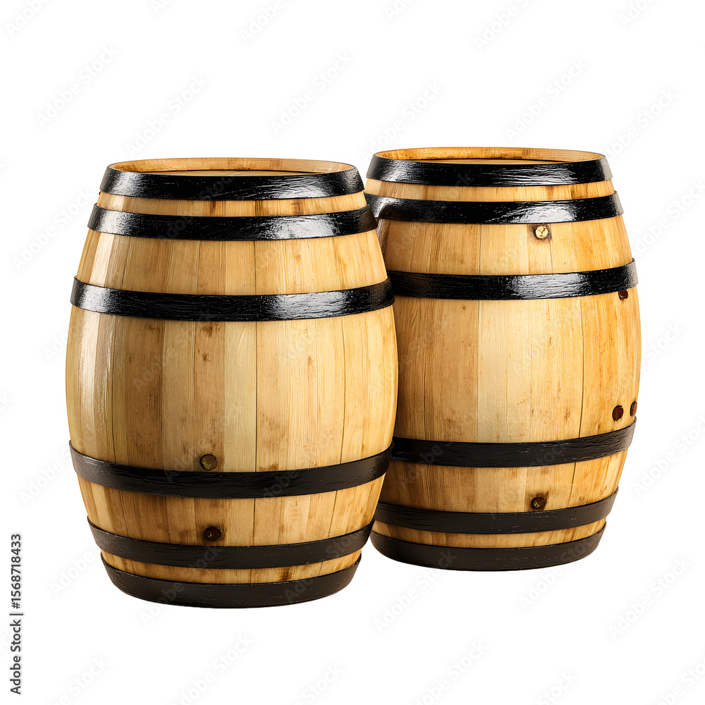 Obraz premium Two rustic wooden barrels with black metal bands arranged closely together isolated on transparent background