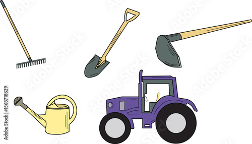 Farmers Tools Set : Shovel, rake, hoe, watering can, tractor
