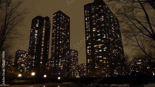 Night Cityscape with Skyscrapers and Dynamic Light Sequences