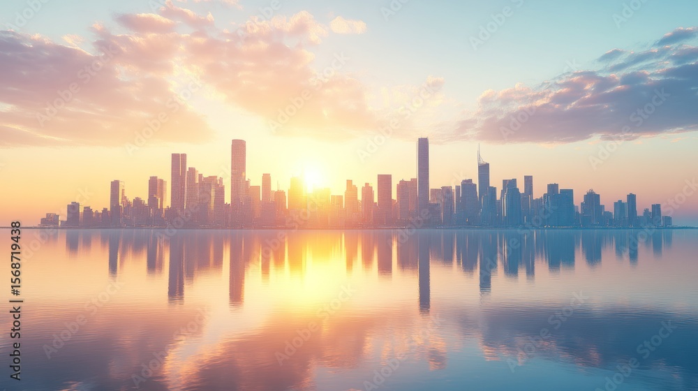 Fototapeta premium Sunrise cityscape skyline over water reflection. Use Stock photo