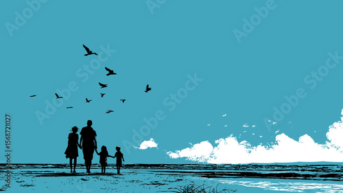 A family of four enjoys a leisurely walk along a beautiful beach, with birds flying overhead, ideal for a scenic design element.