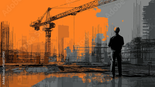 Construction site scenery presents a worker overseeing urban architecture, suitable for business presentations about growth and building.