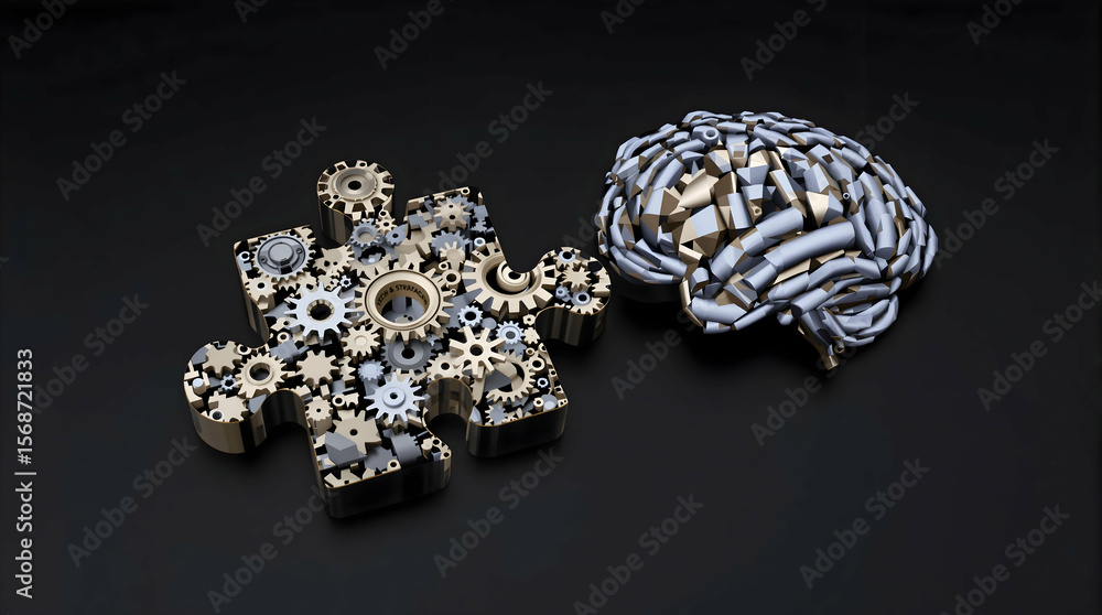 Fototapeta premium Gear puzzle piece merging with metallic brain on black background, symbolizing problem-solving for science usage