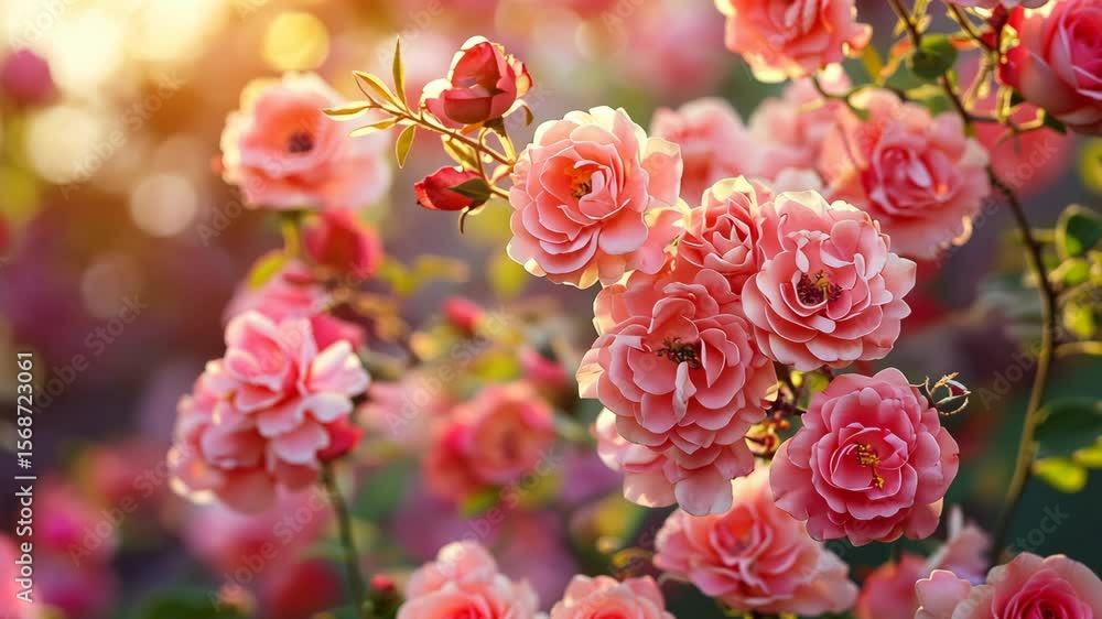 Sunlit pink roses in full bloom, creating a vibrant and romantic scene Sunlit pink roses in full bloom, creating a vibrant and romantic scene