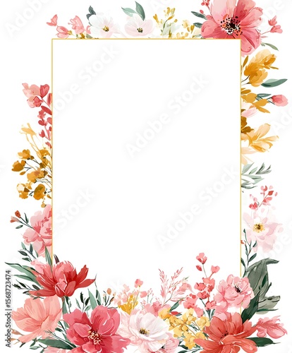 Wallpaper Mural A cute watercolor floral frame, with flowers and leaves surrounding the edges of an empty white rectangle in the middle,  Torontodigital.ca