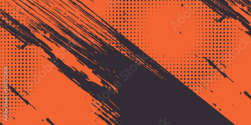 Orange and black grunge urban background with dry rough texture and halftones pattern. Hand drawn punk vector retro banner