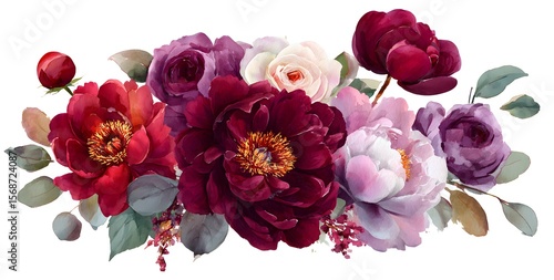 Watercolor floral bouquet, peonies and roses in burgundy, red, and purple colors, on a white background, 