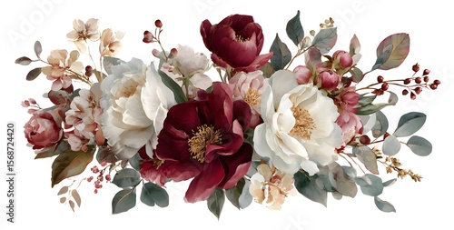 Watercolor floral bouquet, peonies and roses in burgundy, red, and purple colors, on a white background, 