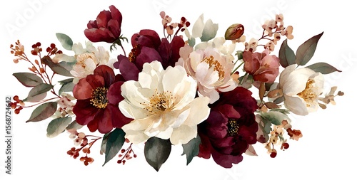 Watercolor floral bouquet, peonies and roses in burgundy, red, and purple colors, on a white background, 