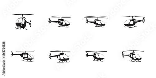 Variety of black silhouette helicopters vector art including rescue, army, and civil aviation models for design, decoration, or branding elements

