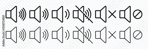 Speaker icon set. Volume icon set. Mute and unmute volume sound flat vector icons. Noise icon, Silent sign, Low volume, Maximum Volume symbol, No volume. Vector illustrator