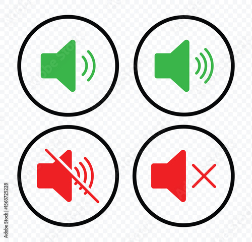 Speaker Icon. Set of Sound Icon. Mute and unmute volume sound flat vector icons for video apps and websites. Volume level Icon. Silent and ring speaker. Vector Illustration