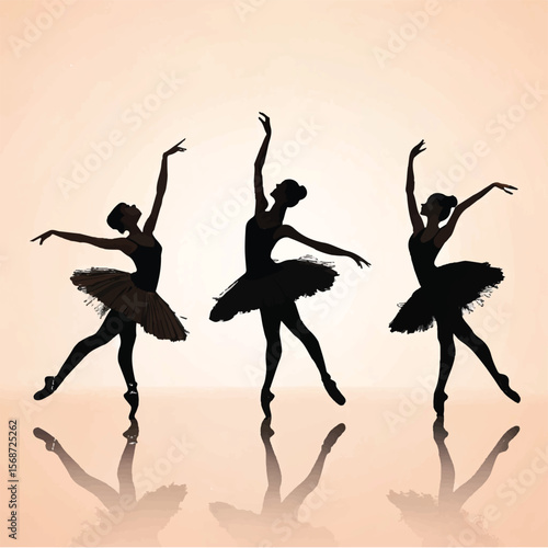 Three Ballerinas Silhouette: Elegant Dancers in Tutus with Reflections Vector