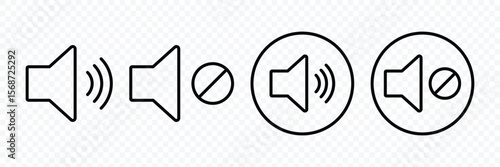 Speaker icon set. Volume icon set. Mute and unmute volume sound flat vector icons. Noise icon, Silent sign, Low volume, Maximum Volume symbol, No volume. Vector illustrator