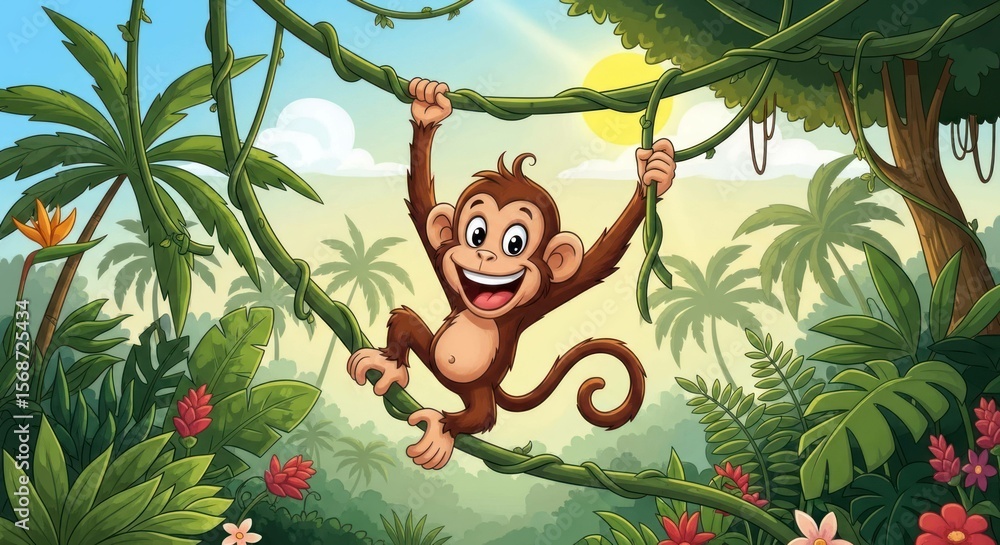 Naklejka premium Cartoon monkey hanging from vines in jungle, happy expression.
