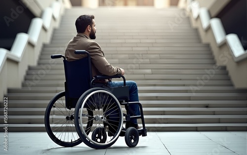 Man with disability on wheelchair stopped in front of staircase, raising awareness of architectural barriers and accessibility issues. High quality