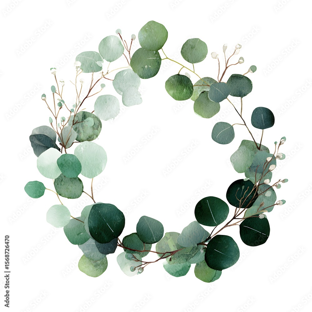 Obraz premium Watercolor green eucalyptus wreath, a simple and clean design, on a white background