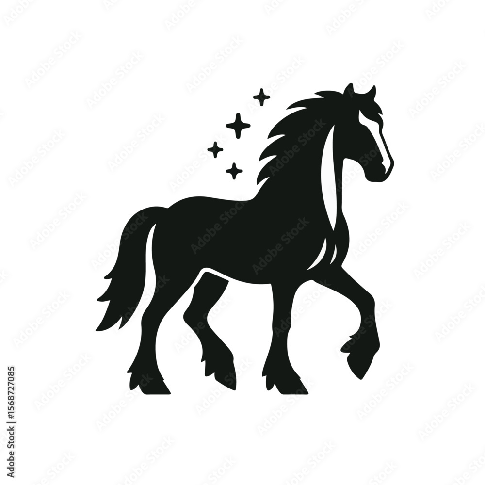 Prancing Horse Silhouette – Black Vector Animal with Raised Leg and Flowing Mane in Dynamic Pose on White Background Prancing Horse Silhouette – Black Vector Animal with Raised Leg and Flowing Mane in Dynamic Pose on White Background