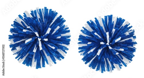 Two blue and white pom-poms, isolated on white